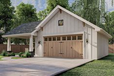 a two car garage with an attached porch