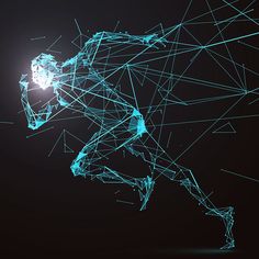 an abstract image of a running man in blue and white lines on a black background