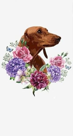 a brown dog with flowers and butterflies around it