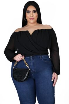 Stretch top Off-shoulder Long sheer sleeves Wired V-neck 100% polyester Hand wash cold Draping Top, Plus Size Off The Shoulder Top, Off The Shoulder Top Outfit, Palazzo Pants Plus Size, Plus Size Off The Shoulder, Dresses Nightclub, Bodysuit And Skirt, Chic And Curvy, Plus Size Fall Outfit