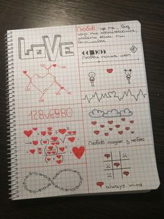 a notebook with some drawings on it and writing in red ink next to the words love