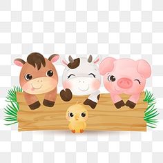 three farm animals sitting on top of a wooden plank with grass and flowers in the background