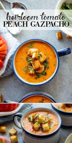 two pictures showing different types of soups in blue and white bowls with spoons on the side