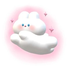 a white cat laying on top of a cloud with pink stars in the sky behind it