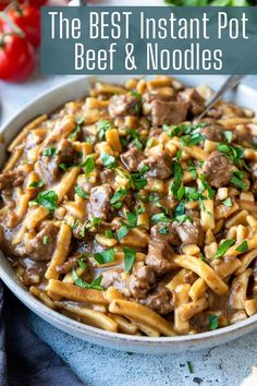 the best instant pot beef and noodles in a white bowl with parsley on top