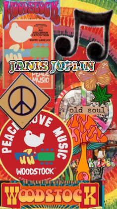 a collage of various music related items with the words woodstock on it and a peace sign