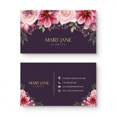 two business cards with pink flowers and leaves on the front, one is dark purple