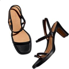 Black Slingback Sandals With 4-inch Heel For Summer, Black Slingback Pumps For Summer With Open Heel, Classic Slingback Sandals With 4-inch Heel For Summer, Black Slingback Pumps With Padded Heel For Summer, Summer Black Slingback Sandals With Stacked Heel, Black Slingback Sandals With Stacked Heel For Summer, Classic Strappy Leather Heels, Classic Leather Strappy Heels, Black Strappy Slingback Sandals For Formal Occasions