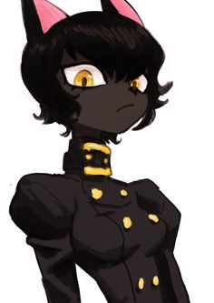 an anime character with black hair and yellow eyes, wearing a cat costume while standing in front of a white background