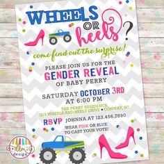 this is an image of a baby shower party with monster trucks and high heels on it