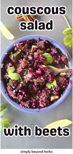 a blue bowl filled with beets and herbs