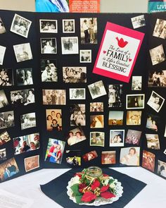 a table topped with pictures and photos covered in magnets