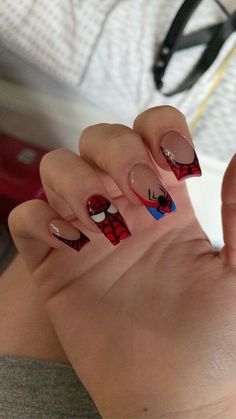 Spiderman Nail Art, Marvel Nails, Themed Nails, Retro Nails, Girly Acrylic Nails, Cute Acrylic Nail Designs, Really Cute Nails, Unique Acrylic Nails, Acrylic Nails Coffin Short