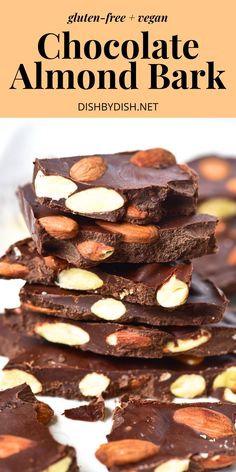 A stack of chocolate almond bark Vegan Bark Recipes, Chocolate Almond Bark Recipes, Dark Chocolate Almond Bark, Almond Bark Recipes, Bark Candy, Christmas Bark Recipes, Quick And Easy Sweet Treats, Images Of Chocolate, Bark Recipes