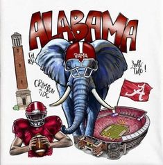 an elephant wearing a football helmet next to a stadium with the word,'alabama'written on it