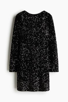 Short  fitted dress in sequined velour. Boat neck at front  round  low-cut neckline at back  gently dropped shoulders  and long sleeves. Lined. Short Fitted Dress, Dresses For Pregnant Women, Sequined Dress, Maternity Dresses, Boat Neck, Fitted Dress, Sequin Dress, Low Cut, Black Women