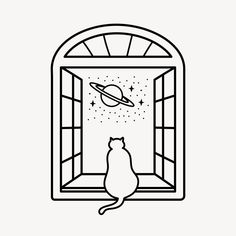 a black and white line drawing of a cat looking out an open window at the planets