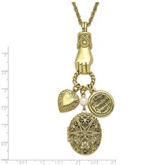 Introducing the Fashion 1928 Jewelry Brass-Tone Necklace, an elegant piece that combines timeless beauty with a touch of nostalgia. This exquisite 30-inch fancy chain features a striking brass-tone hand holding an oval 28mm locket, complemented by a polished heart charm. The locket opens to reveal two photo slots, perfect for keeping cherished memories close. The necklace’s lobster clasp ensures a secure and stylish fit. Ideal for adding a vintage flair to any outfit, the Fashion 1928 Jewelry Br Vintage Gold Locket Necklace With Lobster Clasp, Gold-tone Locket Necklace, Elegant Brass Locket Necklace For Valentine's Day, Gold Metal Locket Necklace With Vintage Charm, Victorian Brass Necklace For Valentine's Day, Valentine's Day Brass Medallion Jewelry, Antique Gold Metal Locket Necklace, Victorian Antique Gold Necklaces For Valentine's Day, Vintage Gold-tone Jewelry For Valentine's Day