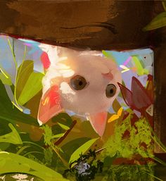 a painting of a bird peeking out from the jungle