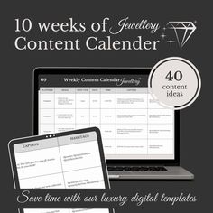 the content calendar is displayed on a laptop and tablet screen with text that reads 10 weeks of