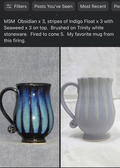 two different types of mugs are shown on the left and right sides, one is blue with white stripes