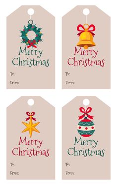 four christmas gift tags with bows, bells and ornaments on the top one is merry