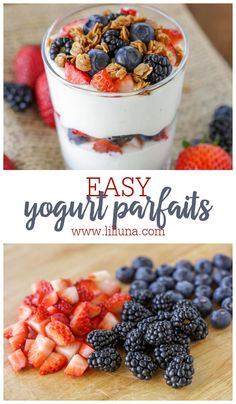 yogurt parfait with berries and blueberries in it