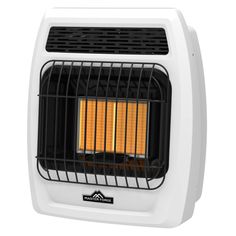 an electric heater that is white and has yellow lights on it's side