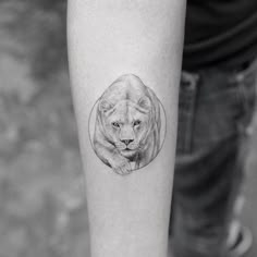 a black and white photo of a lion tattoo on the left inner forearm, with a circle around it