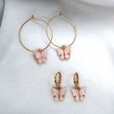 Pink Butterfly Earring Set. Pink Metal Clip-on Earrings As A Gift, Pink Metal Clip-on Earrings For Gift, Cute Single Dangle Earring, Trendy Hoop Plug Earrings For Gift, Trendy Hoop Plug Earrings As A Gift, Cute Nickel-free Hoop Jewelry, Everyday Pink Pierced Earrings, Pink Metal Hoop Earrings, Pink Nickel-free Dainty Hoop Earrings