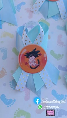 a blue ribbon with a cartoon character on it