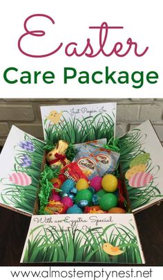 an easter basket with eggs, grass and candy in it that says happy easter care package