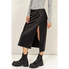 A staple and timeless piece- The Carson Satin Midi skirt has entered the chat. Features a side slit and high waist for a sleek and elegant look. Pair it with a fitted top or blouse and heels for a polished ensemble, or pair it with an oversized graphic tee and sneakers for a casual cool girl look. 95% POLYESTER 5% SPANDEX MODEL IS 5' 7" TALL, 32" CHEST, 25" WAIST AND 35" HIPS AND WEARING A SIZE SMALL Maxi Romper, Oversized Graphic Tee, Crop Top Sweatshirt, Satin Midi Skirt, Blazer Vest, Fitted Top, Girl Coat, Knit Tees, New Tops