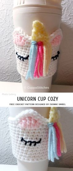 two cups with unicorn cup cozys on them