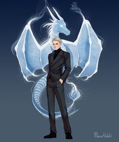 a woman in a black suit standing next to a white dragon on a blue background