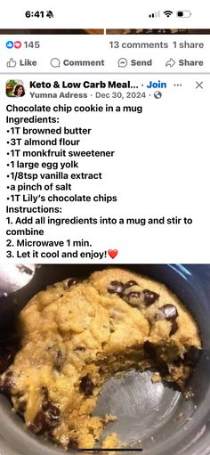 Low Carb Chocolate Chip Cookies, Cookie In A Mug, Low Carb Easy, Keto Mug Cake, Low Carb Meal Plan, Mug Recipes, Low Carb Meals Easy, Brown Butter, Keto Recipes Easy