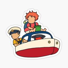 two people riding on the back of a boat with a child in it sticker