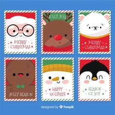 four christmas cards with cute animals and santa hats