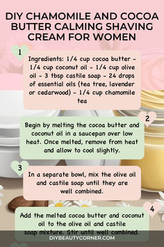 DIY Chamomile and Cocoa Butter Calming Shaving Cream For Women Natural Skin Care Remedies, Silky Skin, Castile Soap, Chamomile Tea, Tea Tree Essential Oil, Skin Care Remedies, Shaving Cream