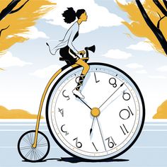 a woman riding on the back of an old fashioned clock with trees in the background