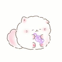 a drawing of a fluffy white cat with a purple toy in its mouth, on a white background