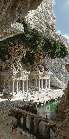 people are standing in the water near some rocks and trees with roots growing out of them