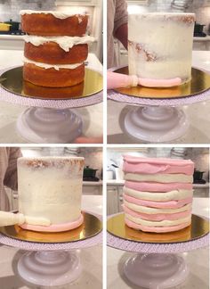 four different pictures of a cake with frosting and icing on the top layer