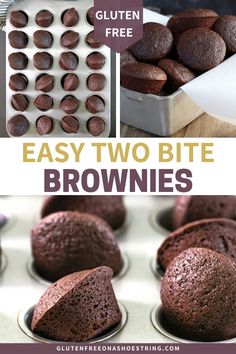 chocolate cupcakes in muffin tins with text overlay reading easy two bite brownies