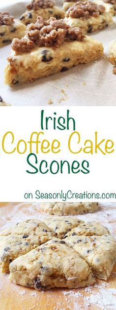 irish coffee cake scones on a wooden table with text overlay that reads irish coffee cake scones