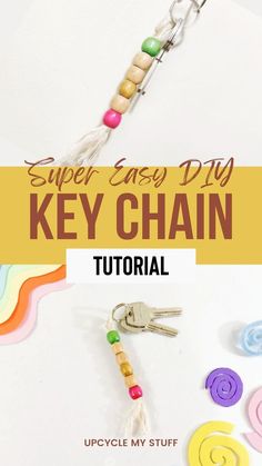 an easy diy key chain made out of wood beads and string with text overlay that says super easy diy key chain