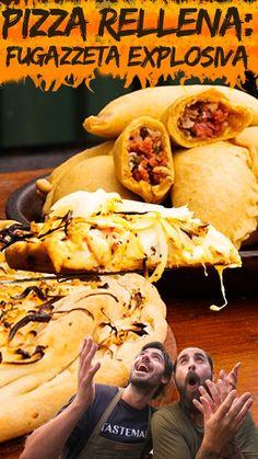 two men standing next to each other in front of pizzas and burritos