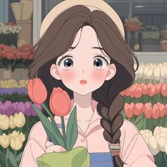 a girl with long hair holding flowers in her hands