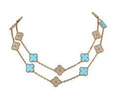 Guaranteed authentic limited edition rare and highly collectible Van Cleef & Arpels Vintage Alhambra diamond and turquoise 20 Motif necklace. Absolutely fabulous and extremely rare!Set in 18K Yellow Gold. Necklace can be worn as a single strand or doubled. Signature stamps on necklace. Comes with authenticity papers and signature gift box and outer box. NEW or NEVER WORNfinal sale NECKLACE MEASURES: LENGTH 31.75" MOTIF .59" X .59" CONDITION: NEW or NEVER WORN PLEASE NOTE: Payment requires bank wire transfer unless arrangements are made prior to purchase Jewelry Pearls, Van Cleef And Arpels Jewelry, Signature Stamp, Chanel Jumbo, Four Leaf Clover Necklace, Minimal Accessories, Van Cleef And Arpels, Yellow Gold Necklace, Necklace Patterns