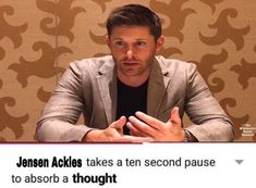 a man sitting at a table in front of a screen with the caption, jelen acks takes a ten second pause to absorb a thought